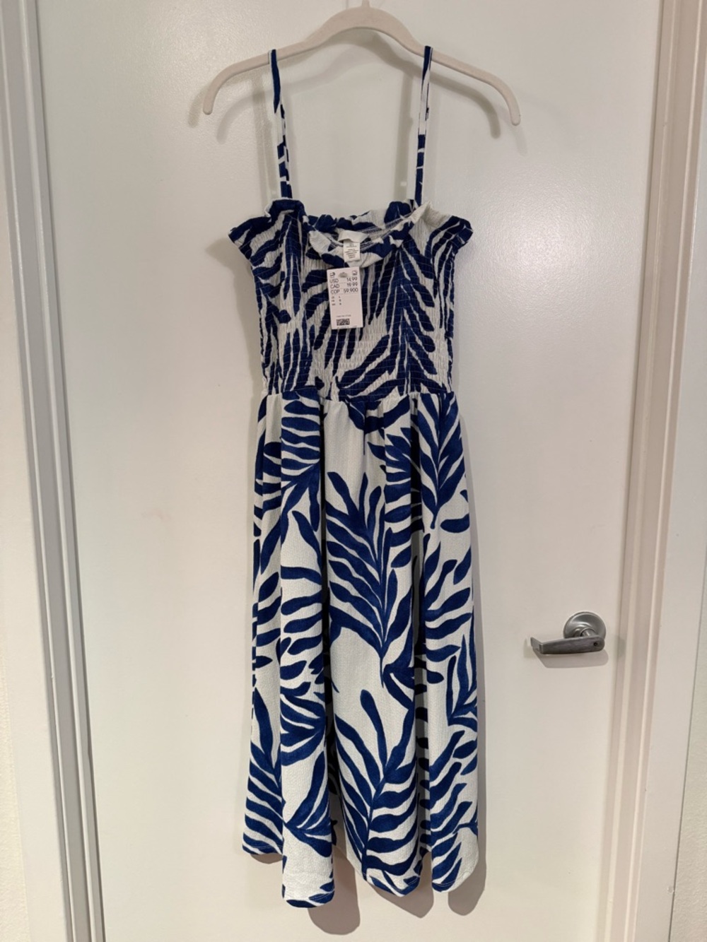 H&M White and Navy Leaf-Print Midi Sundress